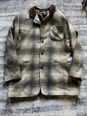 Vintage Olive Plaid Wool Blend Jacket with Brown Collar